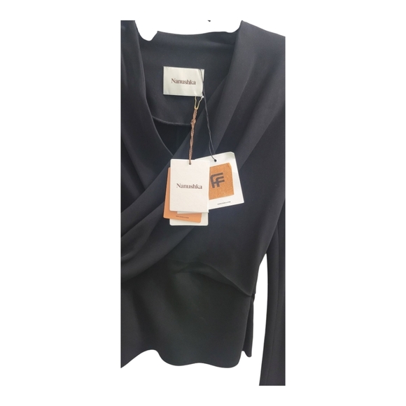 Nanushka Black Ruched Asymmetrical Wrap Top Size 10 Black (Runs Small 8) - Picture 6 of 9